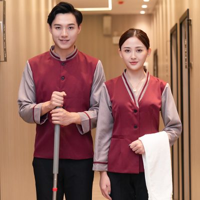 Red luxury hotel cleaning work uniform (4)